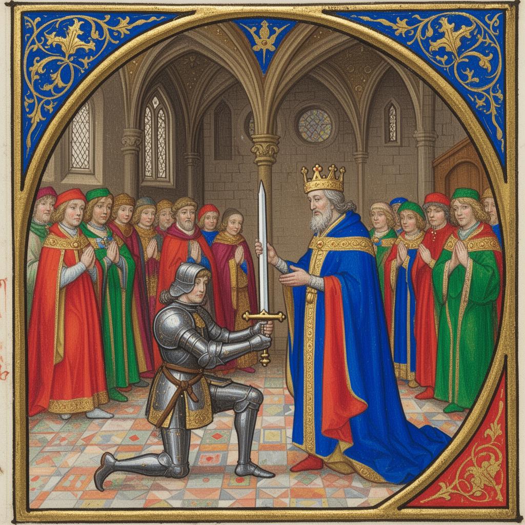 A knight kneeling before a king to receive his sword